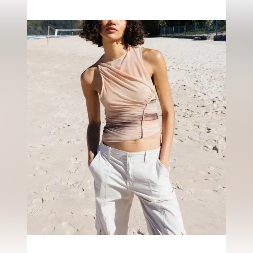 Zara Asymmetrical Ruched Mesh Sleeveless Women’s Nude Combo Top Size S NWT